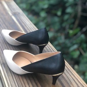 Calvin Kline tan&black, low heel, size 6.5 gold accent